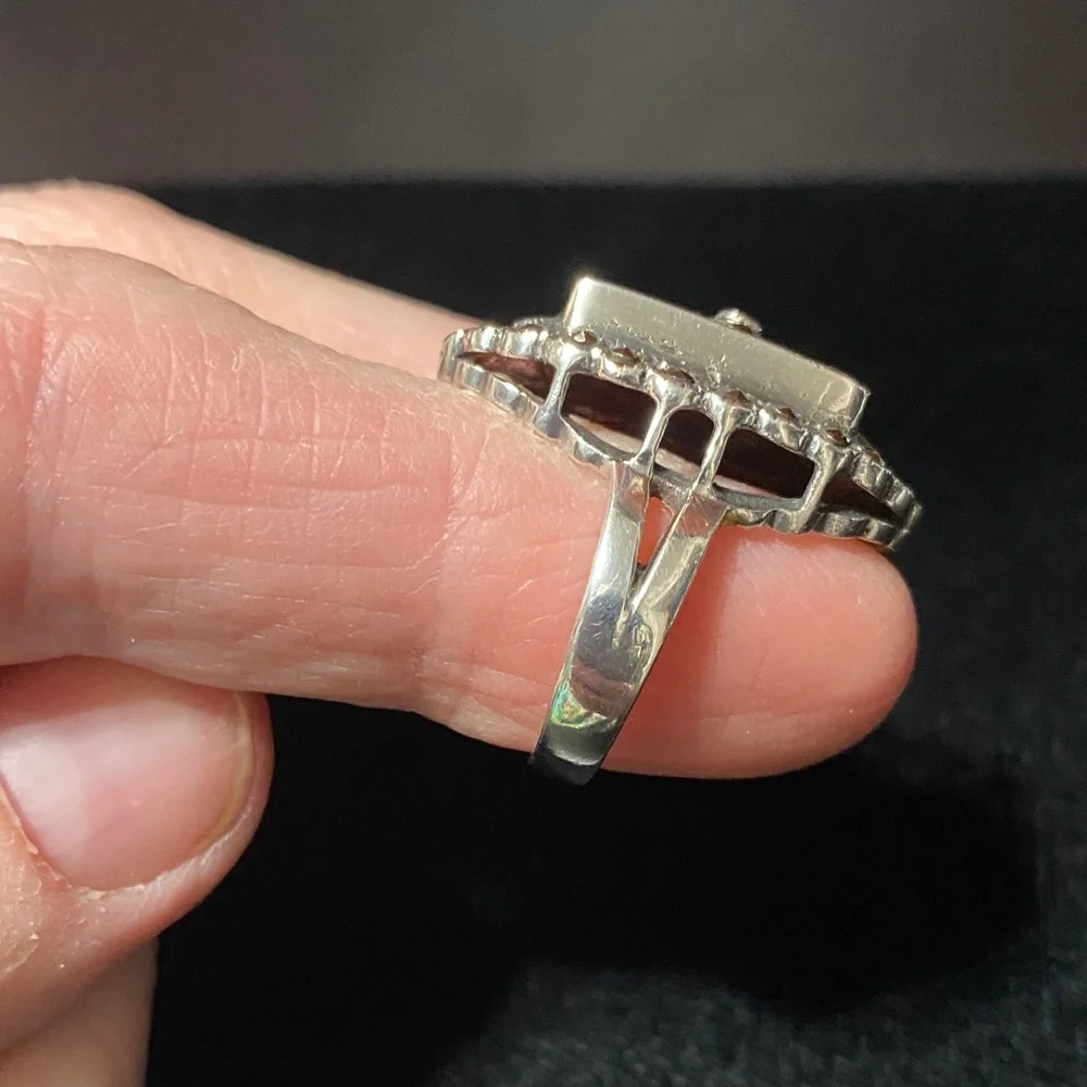 Vintage 925 MR sterling silver onyx gemstone marcasite Floral Ring